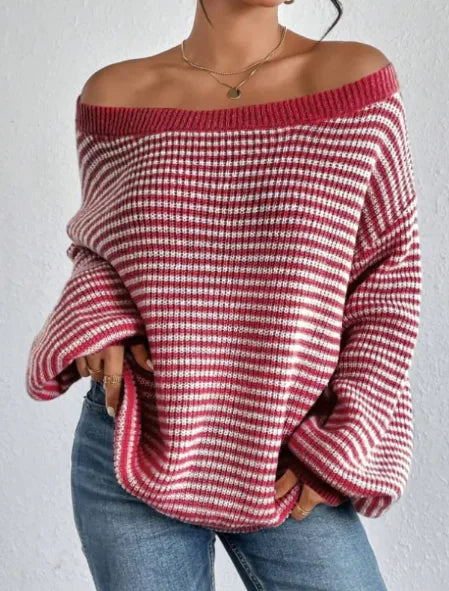 Women's Off-Shoulder Color Block Sweater